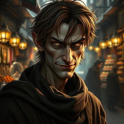 A highly realistic portrayal of a slim and sinister merchant wizard character from the Forgotten Realms, depicted as an Aasimar with a subtle glow around his piercing eyes