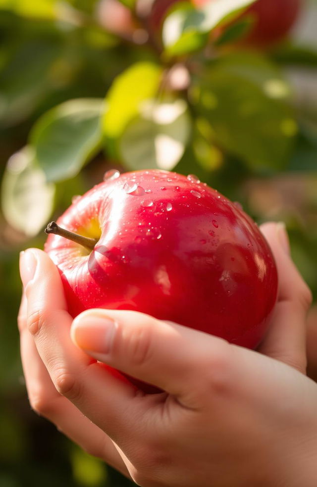 A close-up of a hand gently holding a shiny, red apple, with dew drops glistening on its surface