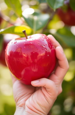 A close-up of a hand gently holding a shiny, red apple, with dew drops glistening on its surface