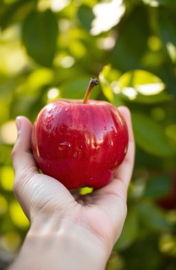 A close-up of a hand gently holding a shiny, red apple, with dew drops glistening on its surface