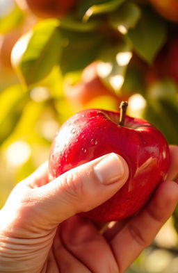 A close-up of a hand gently holding a shiny, red apple, with dew drops glistening on its surface