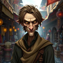 A slim and sinister merchant wizard character from the Forgotten Realms, depicted as an Aasimar with a slight mystical glow around his eyes