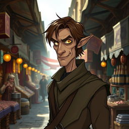A slim and sinister merchant wizard character from the Forgotten Realms, depicted as an Aasimar with a slight mystical glow around his eyes