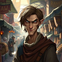 A slim and sinister merchant wizard character from the Forgotten Realms, depicted as an Aasimar with a slight mystical glow around his eyes