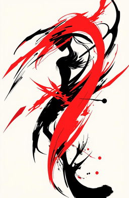 A striking and dynamic abstract design featuring bold black and red color contrasts, incorporating elements of gxg (girl-girl) themes subtly intertwined