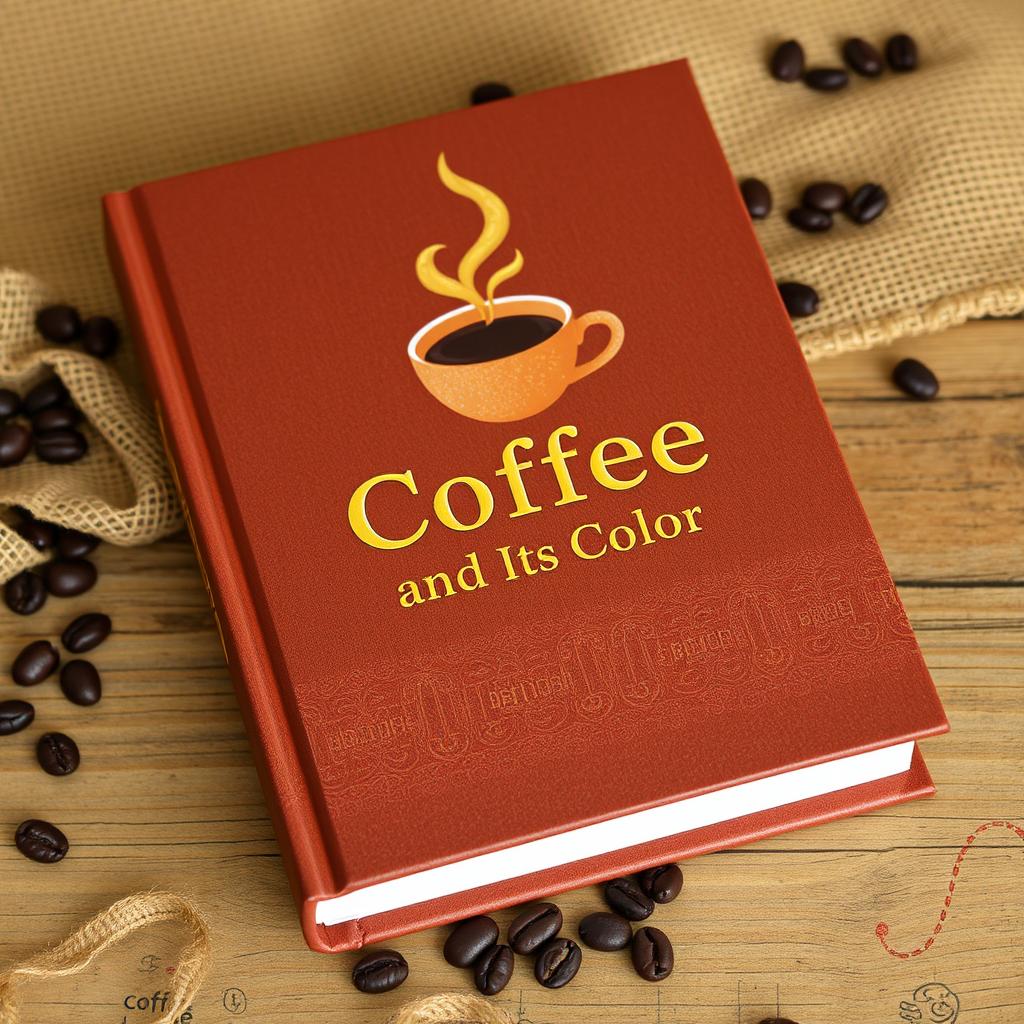 A book titled 'Coffee and Its Color' prominently displayed with a rich brown cover that features a steaming cup of coffee and artistic illustrations of coffee beans