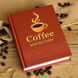 A book titled 'Coffee and Its Color' prominently displayed with a rich brown cover that features a steaming cup of coffee and artistic illustrations of coffee beans