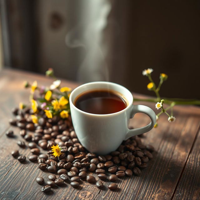 A beautifully composed still life featuring a cup of coffee on a rustic wooden table, surrounded by coffee beans and a small bouquet of wildflowers