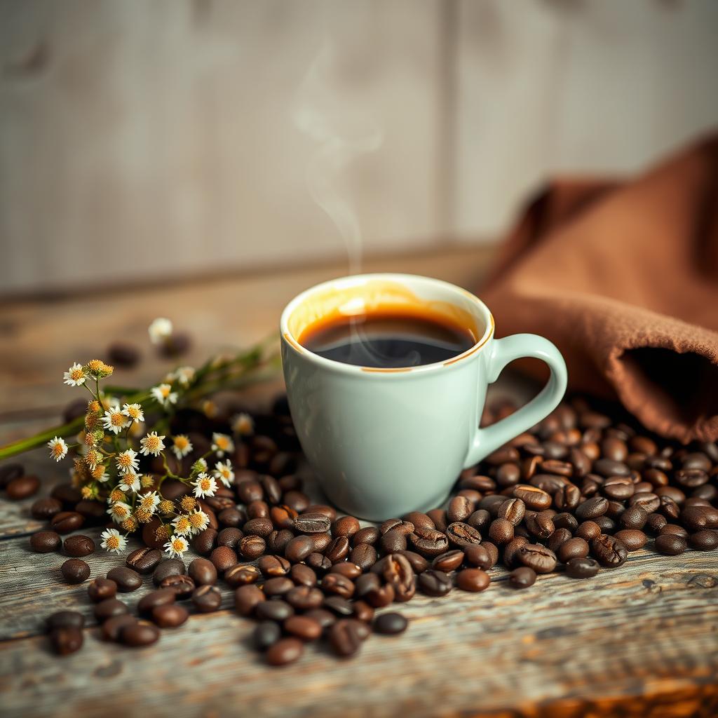 A beautifully composed still life featuring a cup of coffee on a rustic wooden table, surrounded by coffee beans and a small bouquet of wildflowers