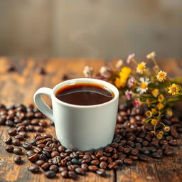 A beautifully composed still life featuring a cup of coffee on a rustic wooden table, surrounded by coffee beans and a small bouquet of wildflowers