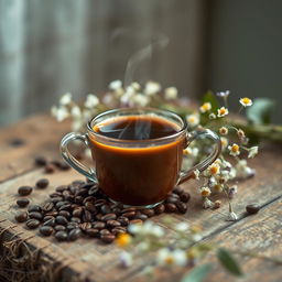 A beautifully composed still life featuring a cup of coffee on a rustic wooden table, surrounded by coffee beans and a small bouquet of wildflowers