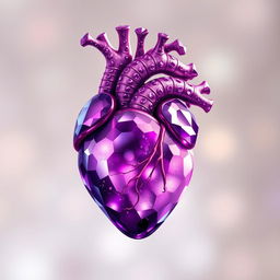 A detailed illustration of a human heart designed to look like it's made of exquisite purple jewels, glittering and reflecting light in a captivating way