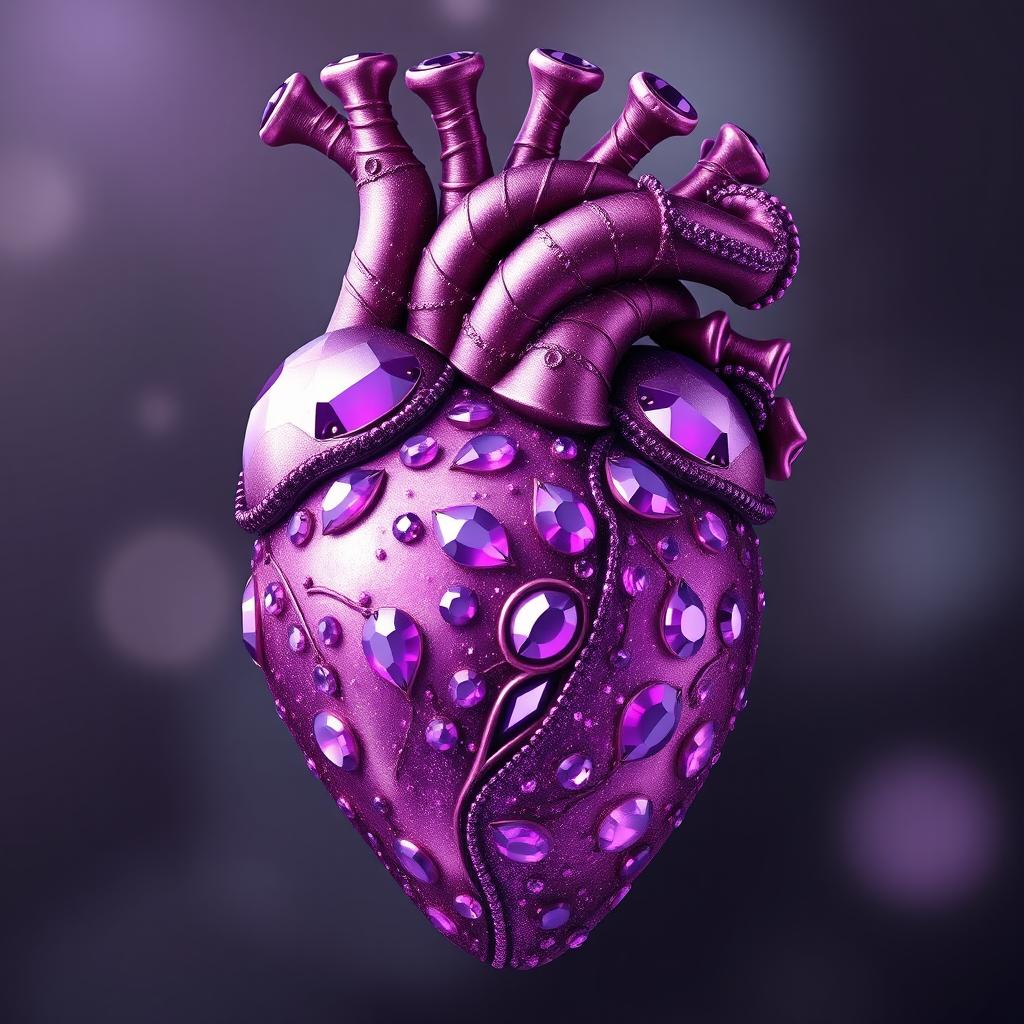 A detailed illustration of a human heart designed to look like it's made of exquisite purple jewels, glittering and reflecting light in a captivating way