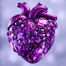A detailed illustration of a human heart designed to look like it's made of exquisite purple jewels, glittering and reflecting light in a captivating way