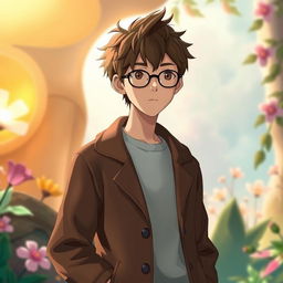 A young man styled in the iconic Ghibli Studio animation aesthetic, featuring brown hair styled casually and wearing a long brown jacket that flows elegantly