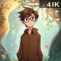 A young man styled in the iconic Ghibli Studio animation aesthetic, featuring brown hair styled casually and wearing a long brown jacket that flows elegantly