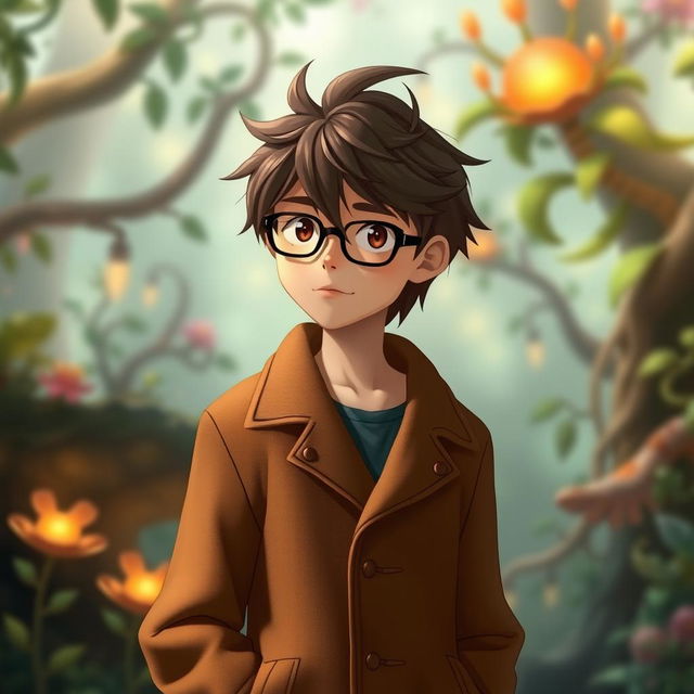 A young man styled in the iconic Ghibli Studio animation aesthetic, featuring brown hair styled casually and wearing a long brown jacket that flows elegantly