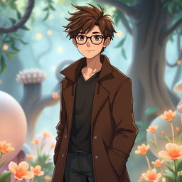 A young man styled in the iconic Ghibli Studio animation aesthetic, featuring brown hair styled casually and wearing a long brown jacket that flows elegantly