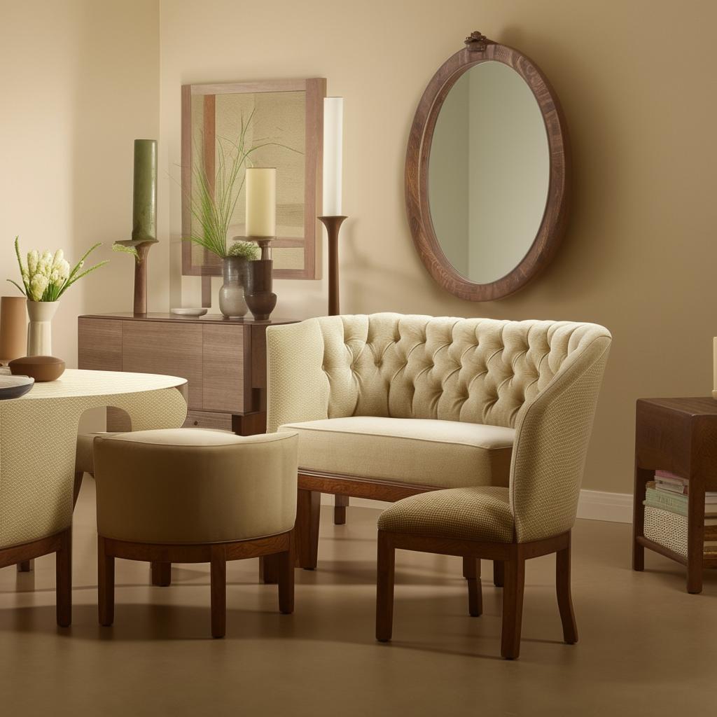 Generate an image of furniture set in cream and brown tones, featuring a balance of both colors.