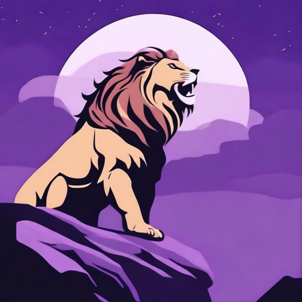 Generate a 2D image depicting a roaring lion in profile, perched on a cliff