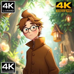 A character designed in the style of Studio Ghibli, featuring a man with brown hair wearing a long brown jacket and glasses