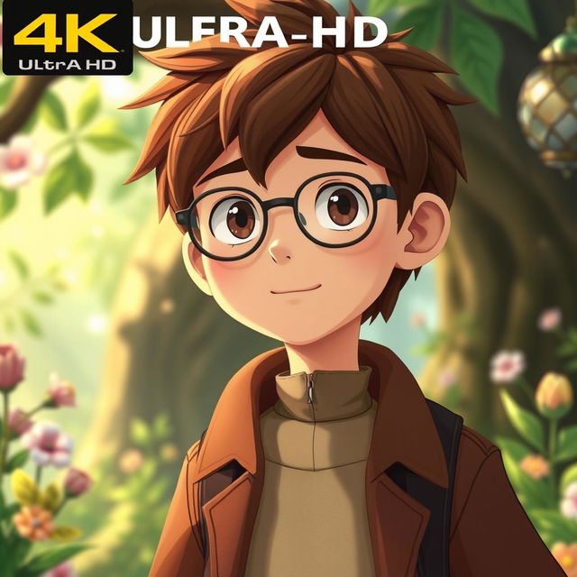 A character designed in the style of Studio Ghibli, featuring a man with brown hair wearing a long brown jacket and glasses