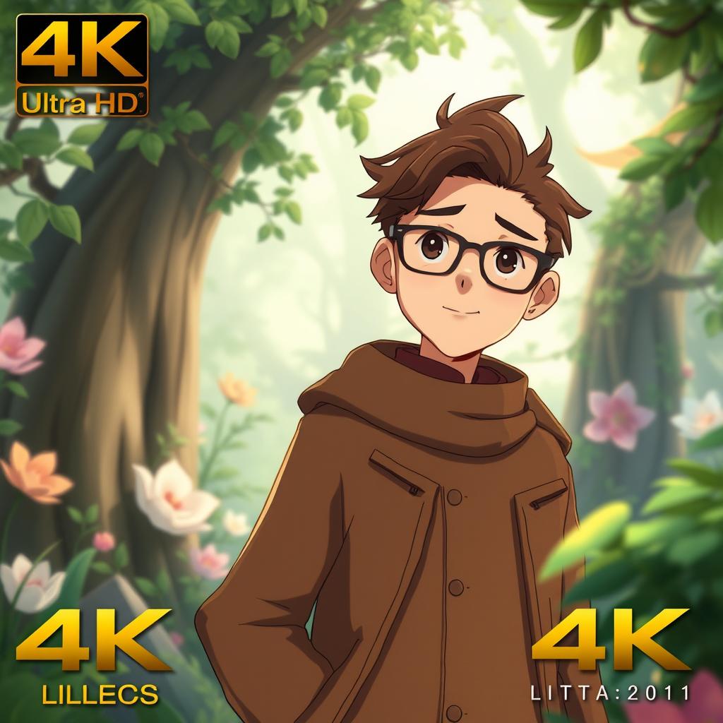 A character designed in the style of Studio Ghibli, featuring a man with brown hair wearing a long brown jacket and glasses