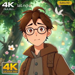 A character designed in the style of Studio Ghibli, featuring a man with brown hair wearing a long brown jacket and glasses
