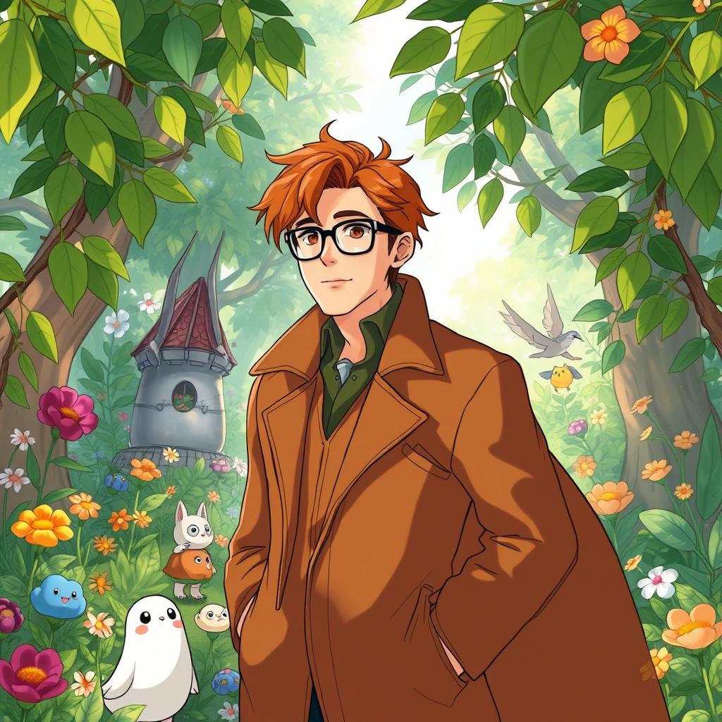 An adult man illustrated in the charming Ghibli Studio style, featuring warm brown hair and wearing a long, flowing brown jacket that drapes elegantly around him