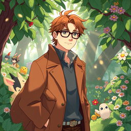 An adult man illustrated in the charming Ghibli Studio style, featuring warm brown hair and wearing a long, flowing brown jacket that drapes elegantly around him