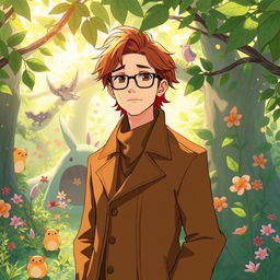 An adult man illustrated in the charming Ghibli Studio style, featuring warm brown hair and wearing a long, flowing brown jacket that drapes elegantly around him