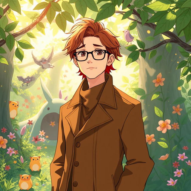 An adult man illustrated in the charming Ghibli Studio style, featuring warm brown hair and wearing a long, flowing brown jacket that drapes elegantly around him