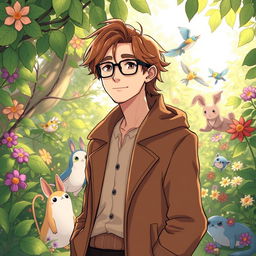 An adult man illustrated in the charming Ghibli Studio style, featuring warm brown hair and wearing a long, flowing brown jacket that drapes elegantly around him