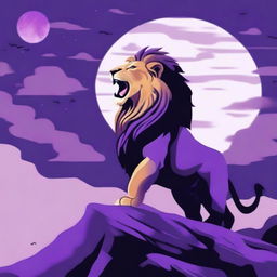 Generate a 2D image depicting a roaring lion in profile, perched on a cliff