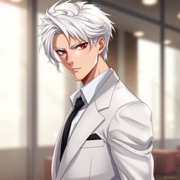 A realistic depiction of an adult man, characterized by striking white hair that flows elegantly around his face, contrasting with his deep red eyes that capture attention with an intense gaze