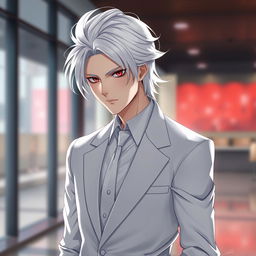 A realistic depiction of an adult man, characterized by striking white hair that flows elegantly around his face, contrasting with his deep red eyes that capture attention with an intense gaze