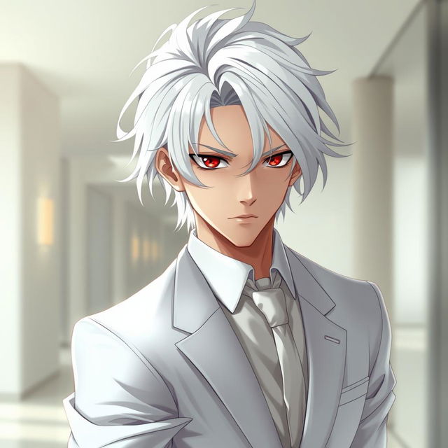 A realistic depiction of an adult man, characterized by striking white hair that flows elegantly around his face, contrasting with his deep red eyes that capture attention with an intense gaze