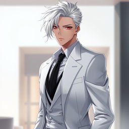 A realistic depiction of an adult man, characterized by striking white hair that flows elegantly around his face, contrasting with his deep red eyes that capture attention with an intense gaze
