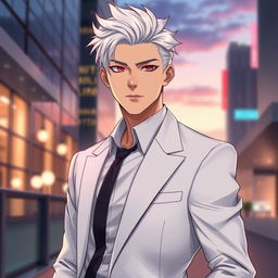 A visually stunning and realistic illustration of a cool and handsome adult man, showcasing striking white hair that gives him a unique and captivating appearance
