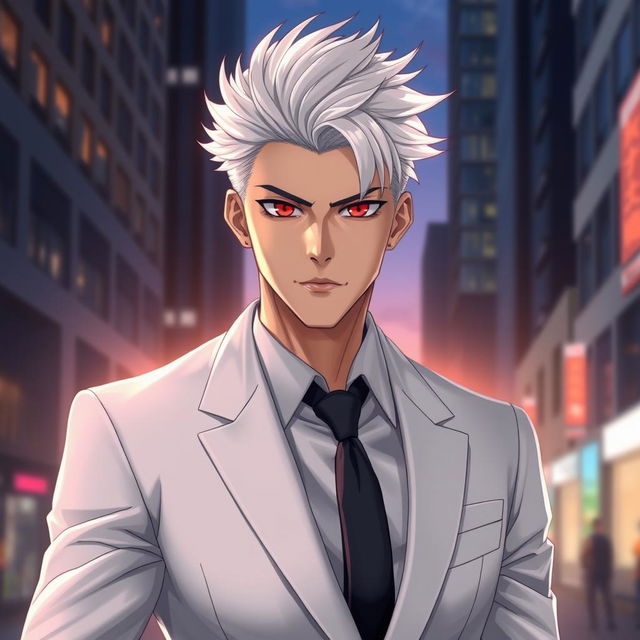 A visually stunning and realistic illustration of a cool and handsome adult man, showcasing striking white hair that gives him a unique and captivating appearance