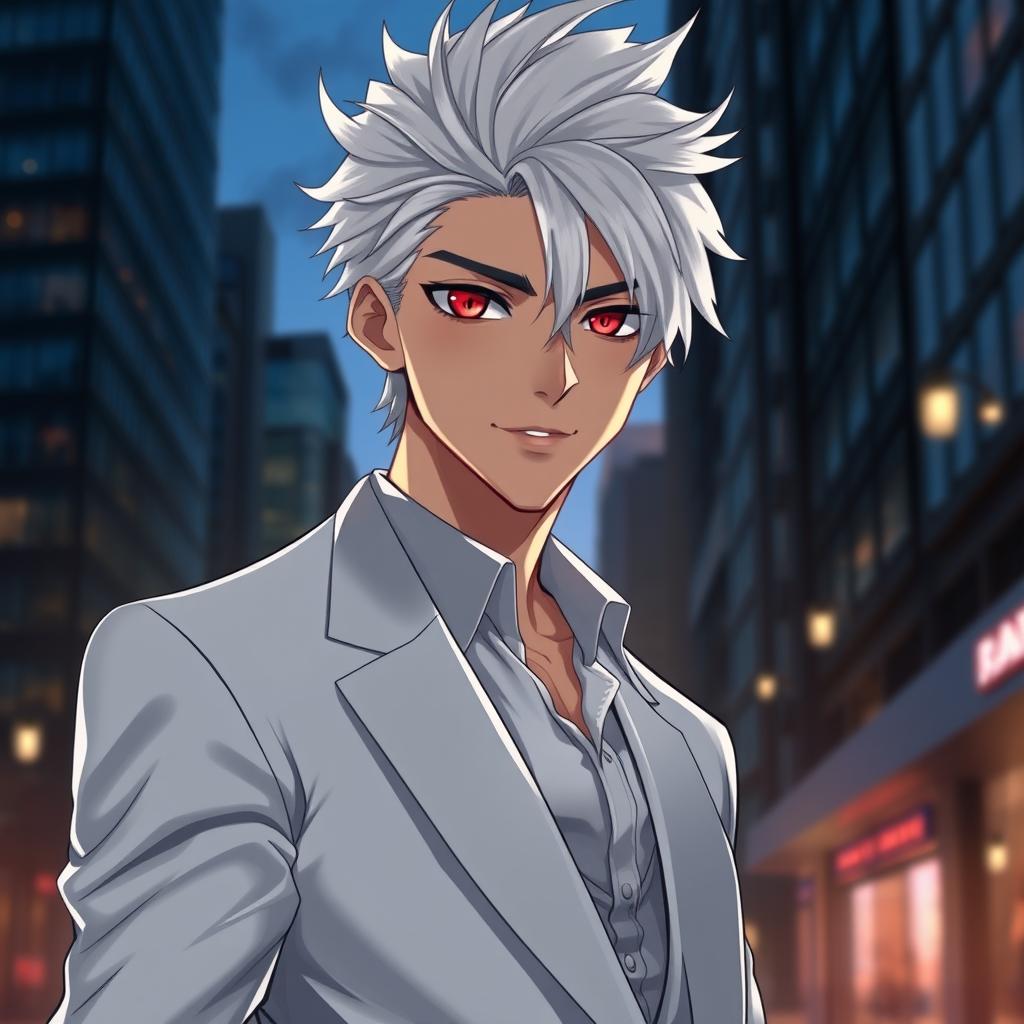 A visually stunning and realistic illustration of a cool and handsome adult man, showcasing striking white hair that gives him a unique and captivating appearance