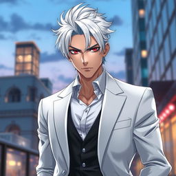 A visually stunning and realistic illustration of a cool and handsome adult man, showcasing striking white hair that gives him a unique and captivating appearance