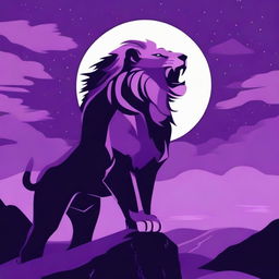 Generate a 2D image depicting a roaring lion in profile, perched on a cliff