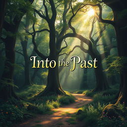 A captivating book cover for 'Into the Past' featuring a dense, mystical forest