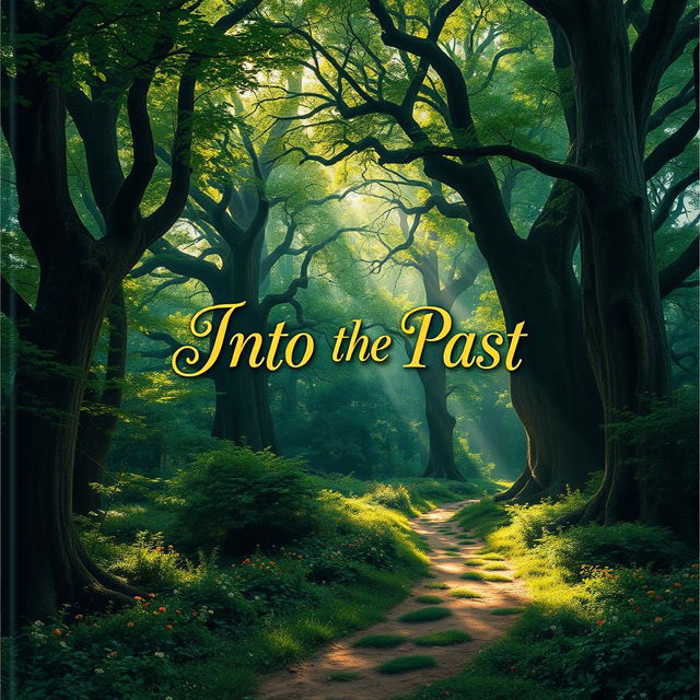 A captivating book cover for 'Into the Past' featuring a dense, mystical forest