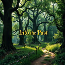 A captivating book cover for 'Into the Past' featuring a dense, mystical forest