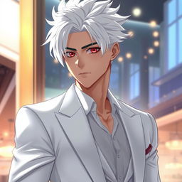 A visually striking and realistic illustration of a cool and handsome adult man, featuring distinctive white hair styled in a modern way that enhances his appeal