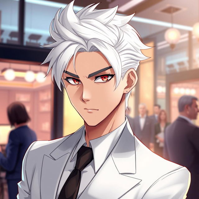 A visually striking and realistic illustration of a cool and handsome adult man, featuring distinctive white hair styled in a modern way that enhances his appeal