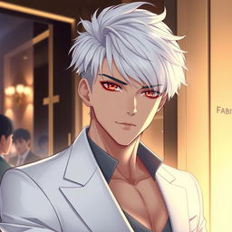 A visually striking and realistic illustration of a cool and handsome adult man, featuring distinctive white hair styled in a modern way that enhances his appeal