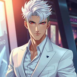 A visually striking and realistic illustration of a cool and handsome adult man, featuring distinctive white hair styled in a modern way that enhances his appeal